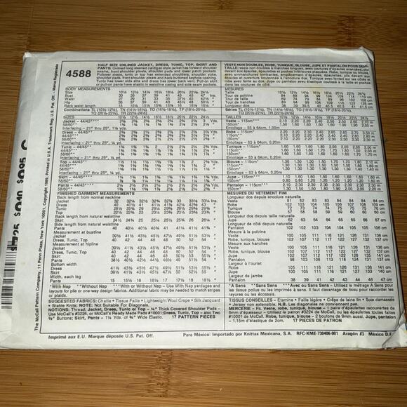 Vintage 1989 McCall's Womens pattern 4588  Size 16 1/2-18 1/2 uncut - Picture 3 of 5